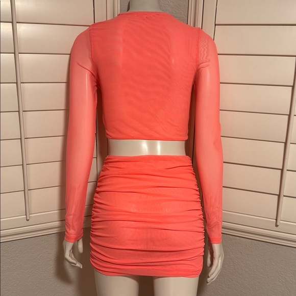 Hot & Delicious Neon Coral Ruched Two-Piece Set | Long Sleeve Crop Top &  Skirt - Picture 3 of 12
